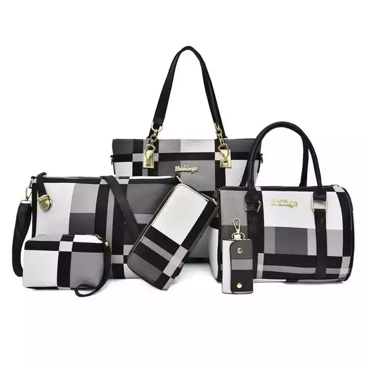The Fashion Ladies Bag Handbags Sets 6 in 1 includes two purses, two wallets, a crossbody bag, and a key holder—all in black, white, and gray plaid with gold hardware and black handles or straps.