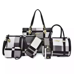 The Fashion Ladies Bag Handbags Sets 6 in 1 includes two purses, two wallets, a crossbody bag, and a key holder—all in black, white, and gray plaid with gold hardware and black handles or straps.