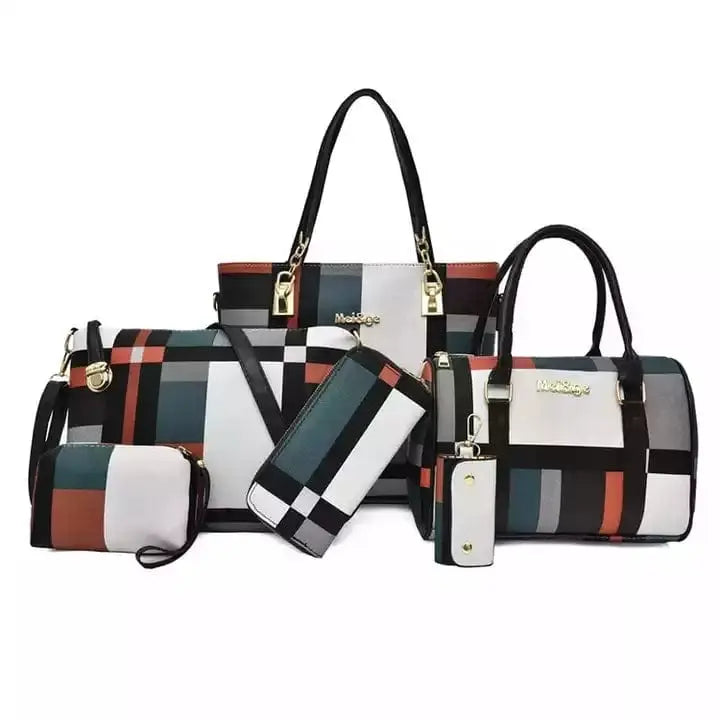 The Fashion Ladies Bag Handbags Sets 6 in 1 for Women features six matching bags with a geometric pattern in black, white, teal, rust, and beige, displayed on a clean white background.