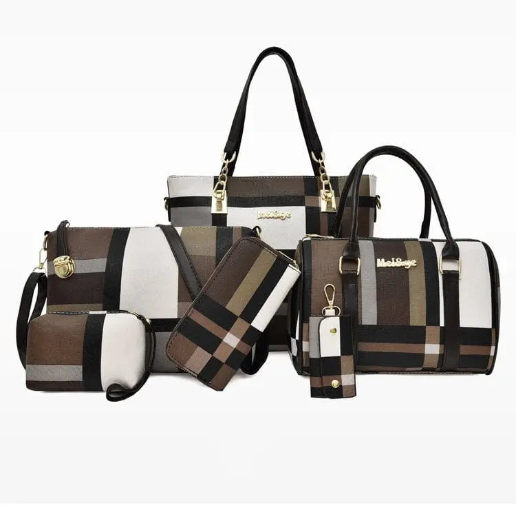 The Fashion Ladies Bag Handbags Sets 6 in 1 Handbag for Women features two handbags, a tote, wallet, makeup pouch, and keychain in brown, black, and white plaid design, all arranged on a white background.