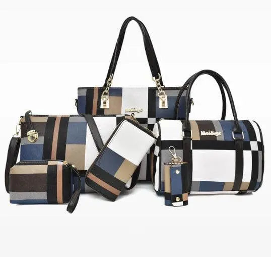 The Fashion Ladies Bag Handbags Sets 6 in 1 Handbag for Women features six matching handbags and wallets in blue, black, white, and tan geometric patterns, displayed together on a clean white background.