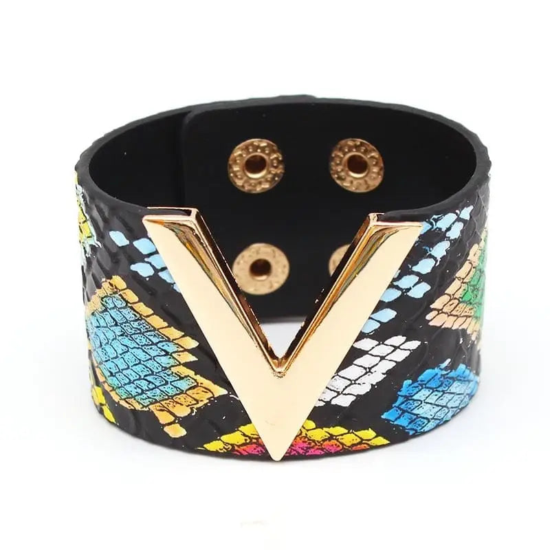 Leopard print leather wrap bracelet with geometric V charm and cuff design, stylish jewelry for women by Showlu Store Nation.