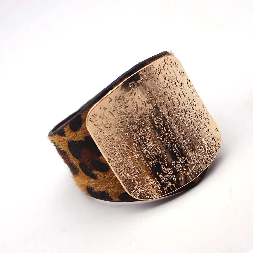 Leopard print leather wrap bracelet with geometric V charm, stylish cuff jewelry for women by Showlu Store Nation.