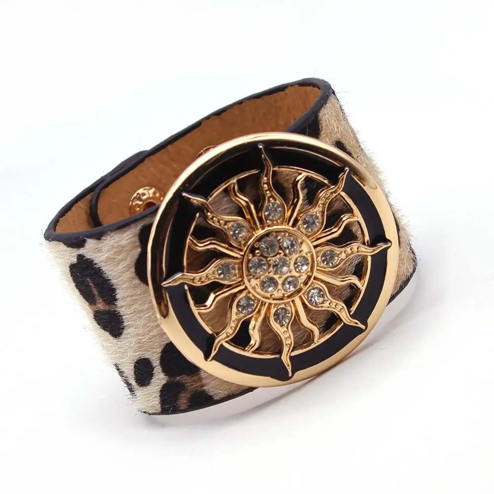 Leopard print leather wrap bracelet with geometric V charm and cuff design, stylish jewelry for women by Showlu Store Nation.
