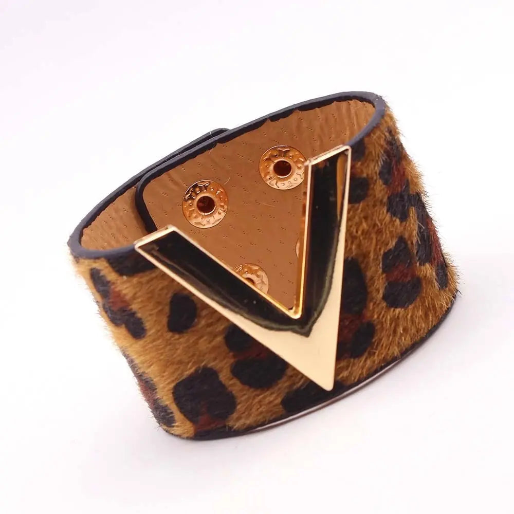 Leopard print leather wrap bracelet with geometric V charm, stylish cuff jewelry for women by Showlu Store Nation.