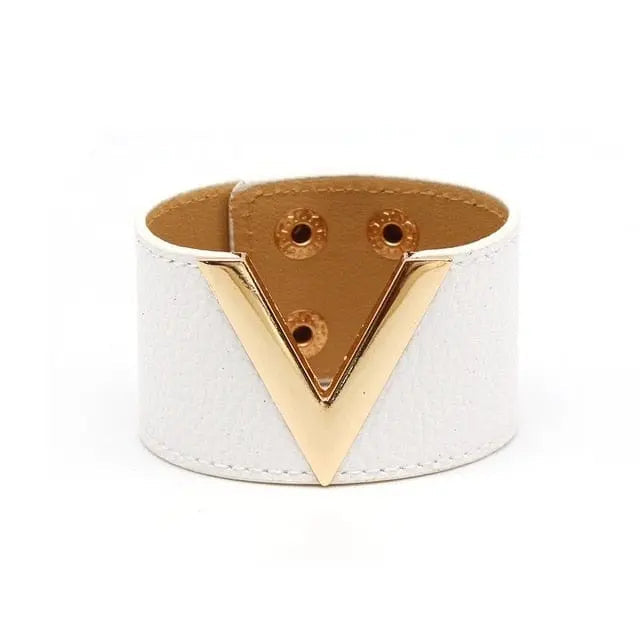 Leopard print leather wrap bracelet with geometric V charm, stylish cuff for women, from Showlu Store Nation.
