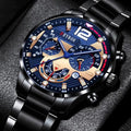 Stainless steel men's quartz watch with luminous dial, calendar, and sleek design, suitable for business and casual wear.