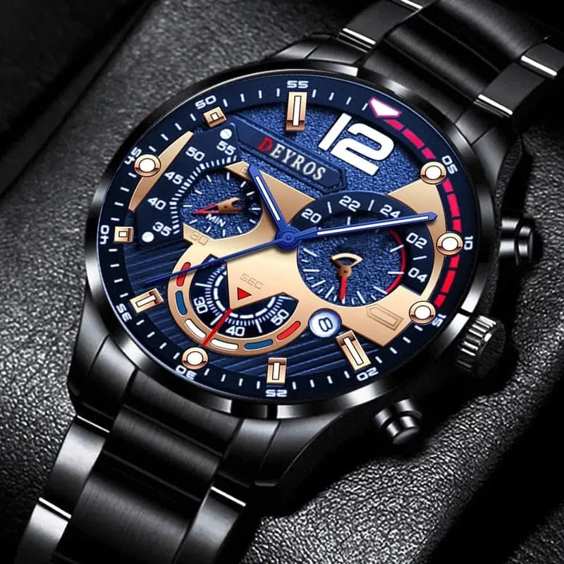 Stainless steel men's quartz watch with luminous dial, calendar, and sleek design, suitable for business and casual wear.