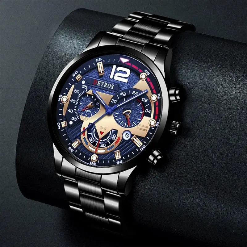 Men's stainless steel quartz watch with luminous dial, casual and business style, featuring a calendar display and sleek design.