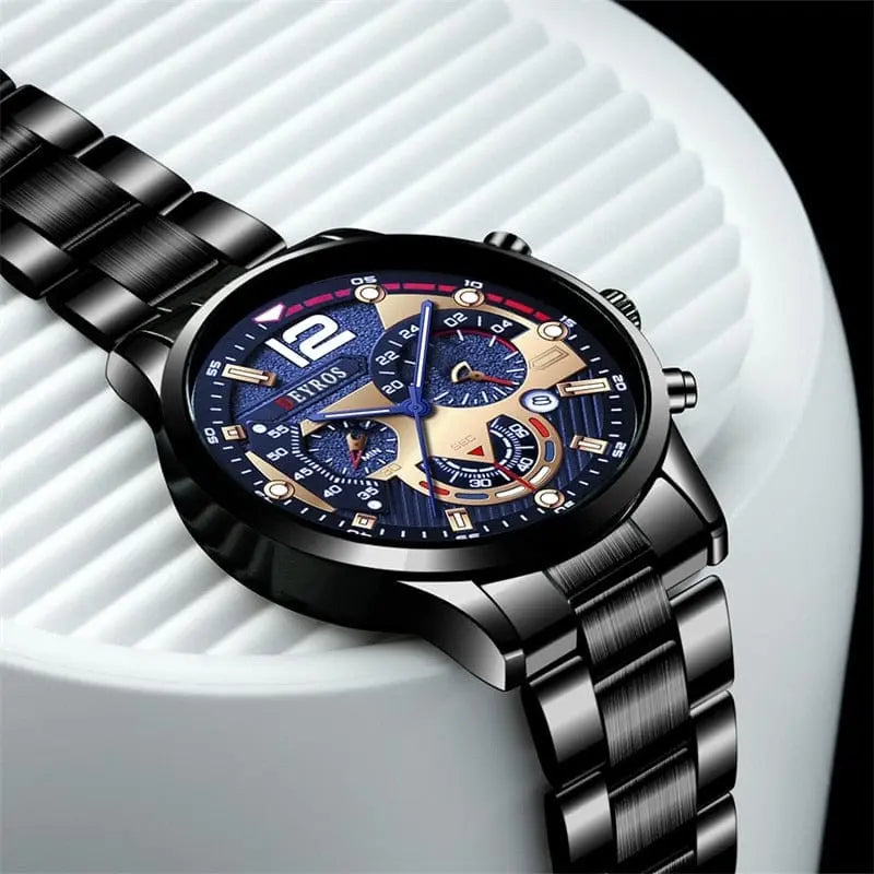 Stainless steel men's quartz wristwatch with luminous dial, calendar, and business casual design for stylish men.