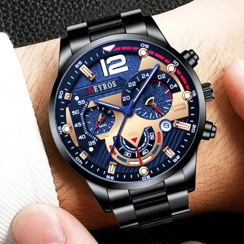 Stainless steel men's quartz watch with luminous dial, business casual design, calendar feature, and sleek modern style.