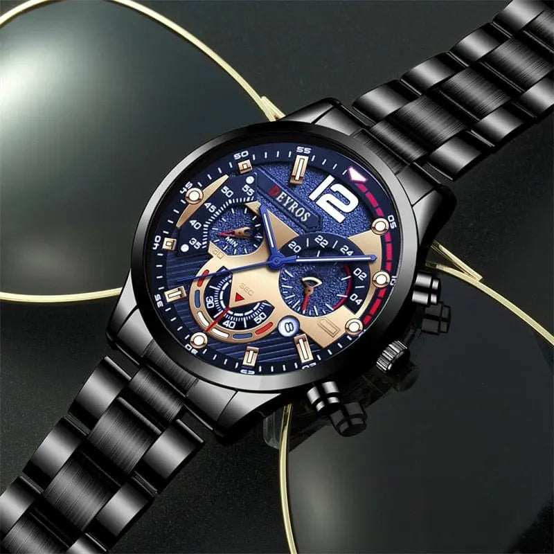 Men's stainless steel quartz watch with luminous dial, business casual style, featuring a calendar display and sleek design.