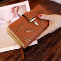 Showlu women's PU leather long wallet with gold hollow leaf design, featuring coin purse, card slots, and clutch style.