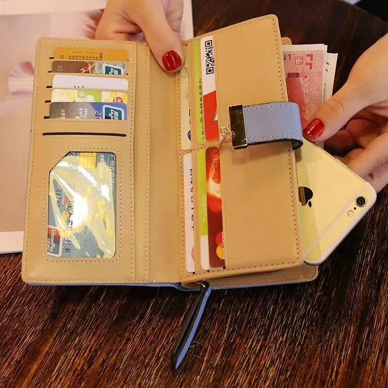 Showlu Women's PU leather long wallet with gold hollow leaf design, featuring coin purse, card slots, and clutch style for women.