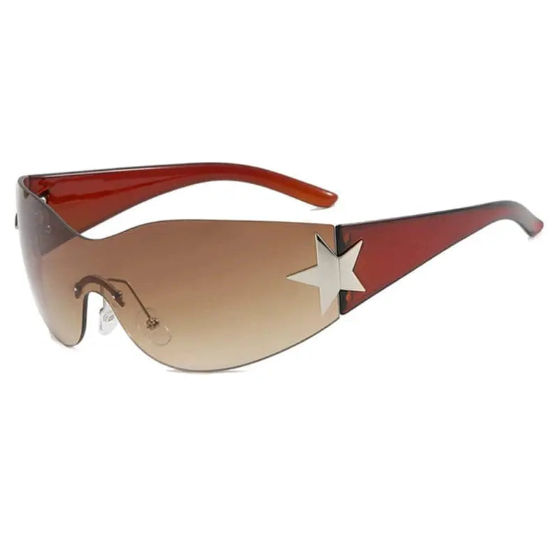 Orange frameless five-pointed star pilot sunglasses with trendy Y2K style, all-in-one fashion sunshade for women.