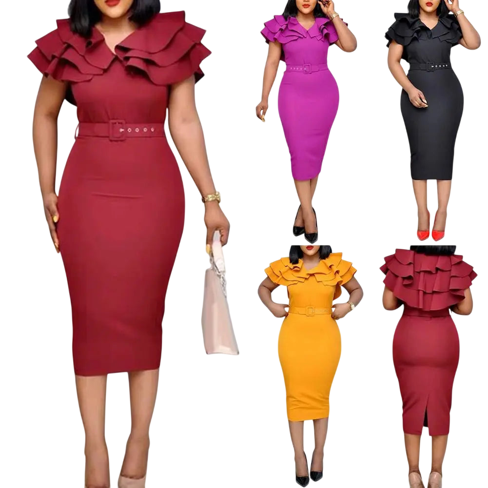 Showlu Women's V-Neck Bodycon Midi Dress with short ruffled sleeves and belt, in solid color, perfect for summer or office wear.