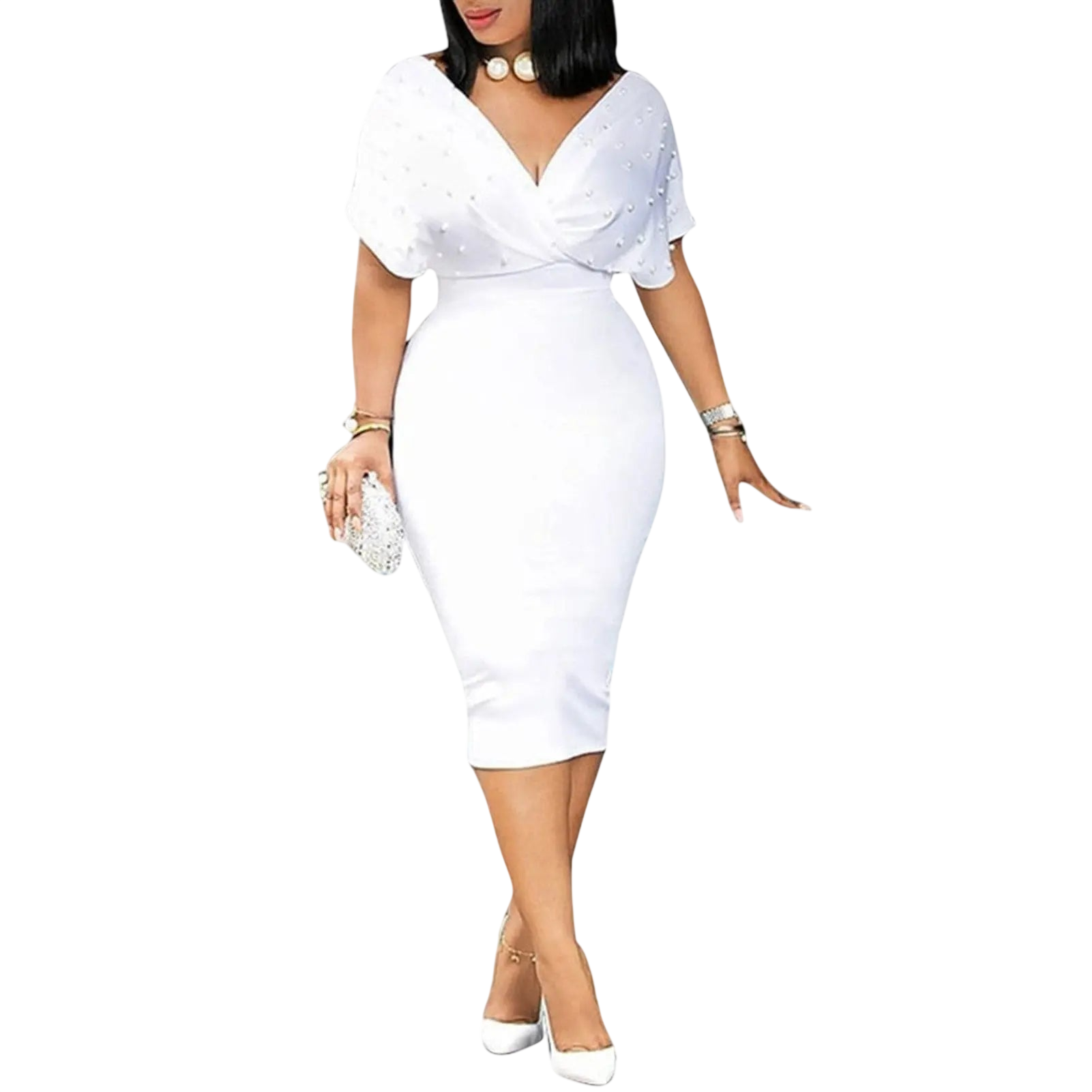 Showlu women's V-neck bodycon midi dress with short ruffled sleeves, belt, and solid color, perfect for summer or office wear.