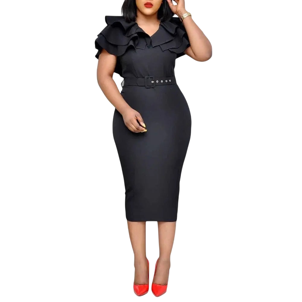 Showlu Women's V-Neck Bodycon Midi Dress with short ruffled sleeves, belted waist, solid color, perfect for summer or office wear