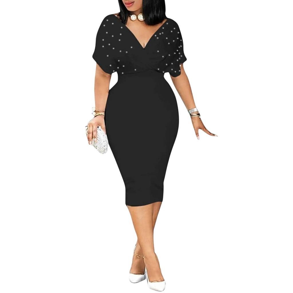 Showlu Women's V-Neck Bodycon Midi Dress with short ruffled sleeves, belt, and solid color for summer or office wear.