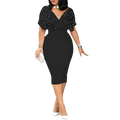 Showlu Women's V-Neck Bodycon Midi Dress with short ruffled sleeves, belt, and solid color for summer or office wear.