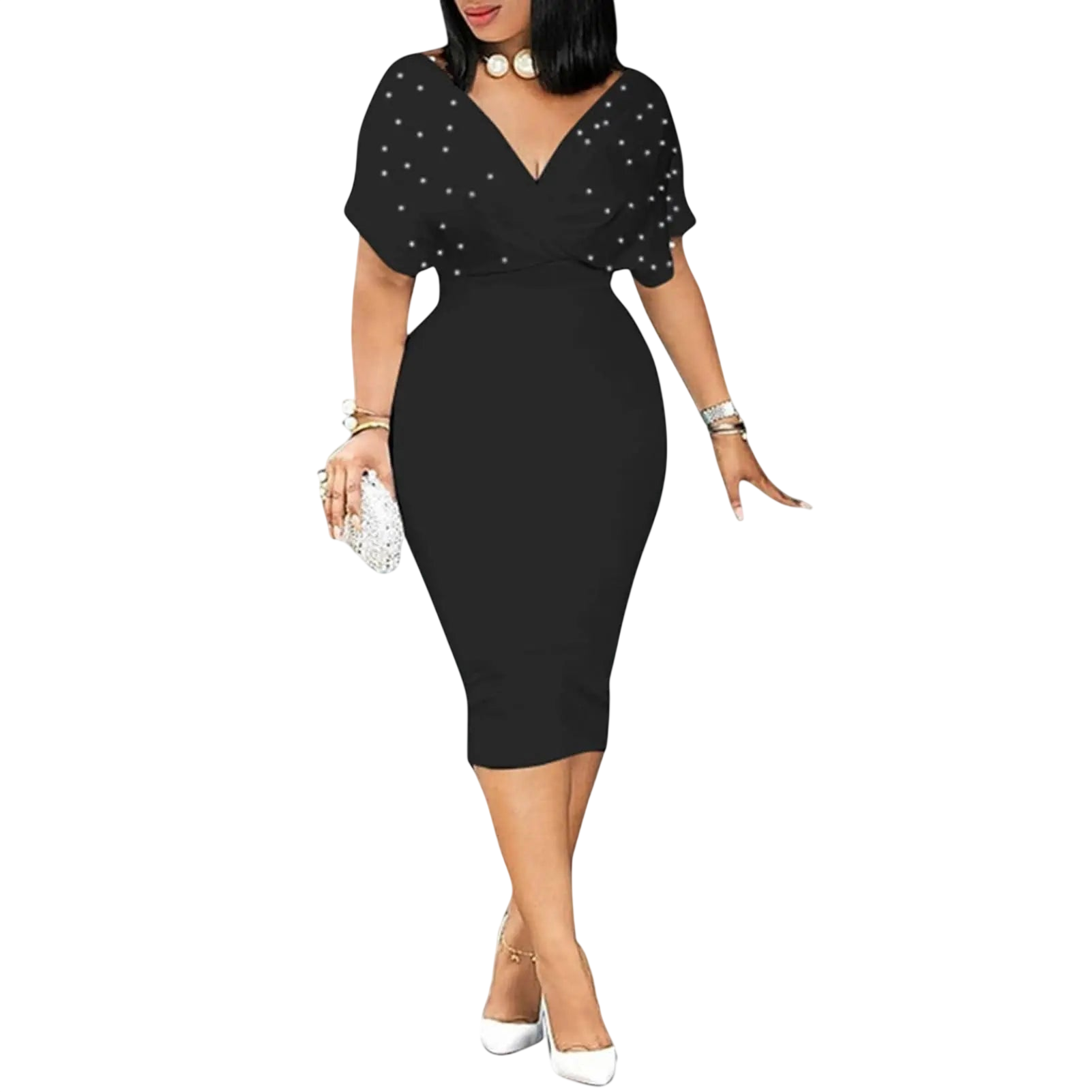 Showlu Women's V-Neck Bodycon Midi Dress with short ruffled sleeves, belt, and solid color for summer or office wear.