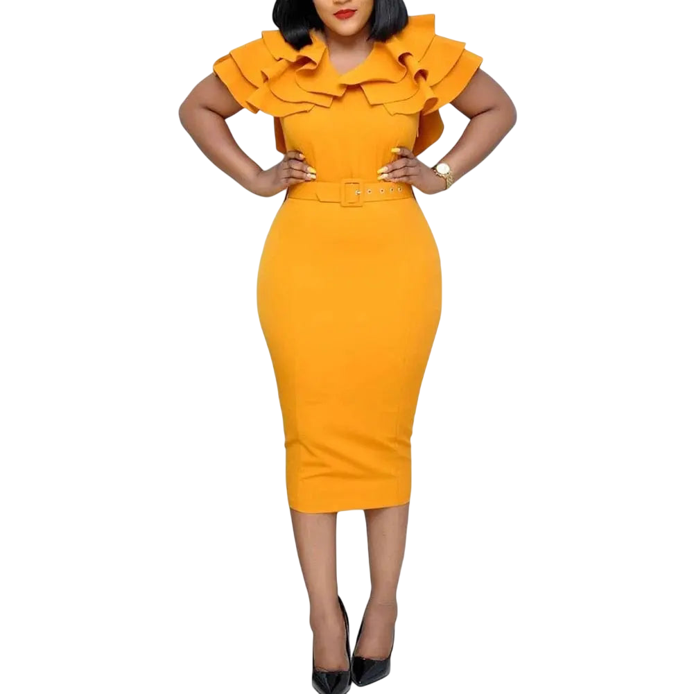 Showlu Women's V-Neck Bodycon Midi Dress with short ruffled sleeves and belt, solid color, perfect for summer or office wear.