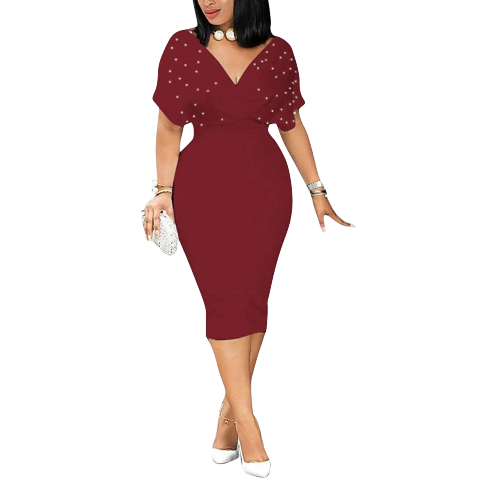 Showlu Women's V-Neck Bodycon Midi Dress with short ruffled sleeves and belt, solid color, perfect for summer or office wear.