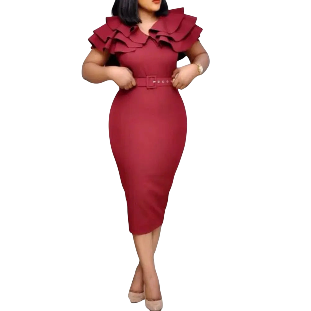 Showlu women's V-neck bodycon midi dress with short ruffled sleeves and belt, solid color perfect for summer or office wear.