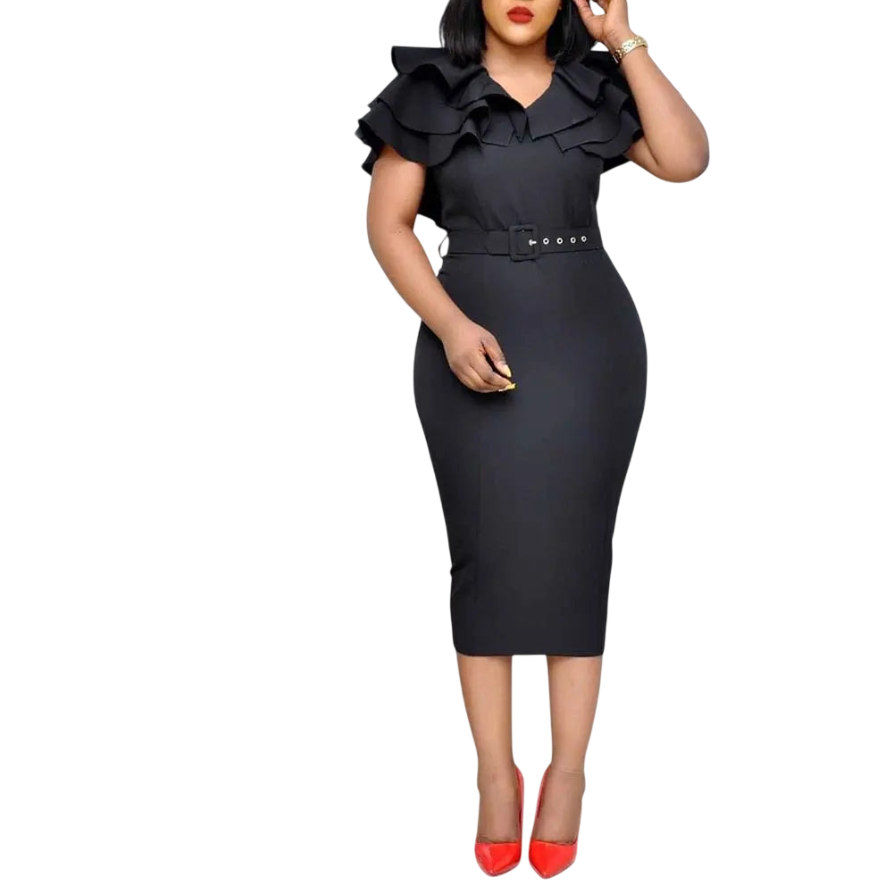 Showlu Women's V-neck bodycon midi dress with short ruffled sleeves and belt, in solid color, perfect for summer or office wear.