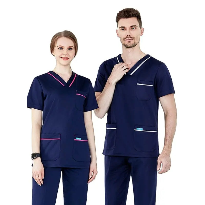 Showlu Fashion stretchy medical scrubs set with long sleeve jogger top and matching scrub pants, designed for healthcare professionals.