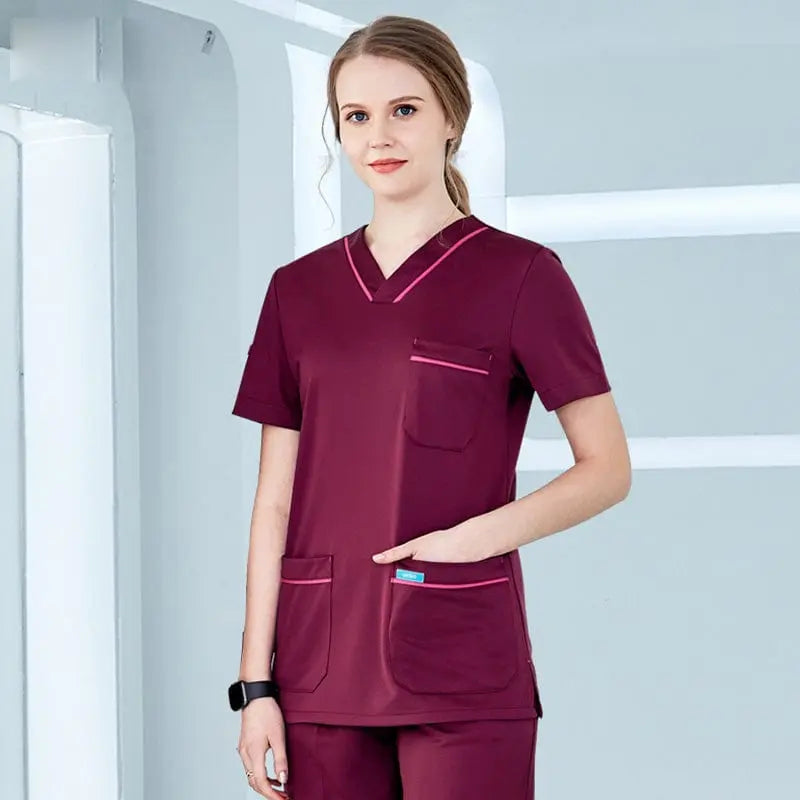 Showlu Fashion stretchy medical scrubs set with long sleeve jogger top, designed for comfort and professional clinic wear.