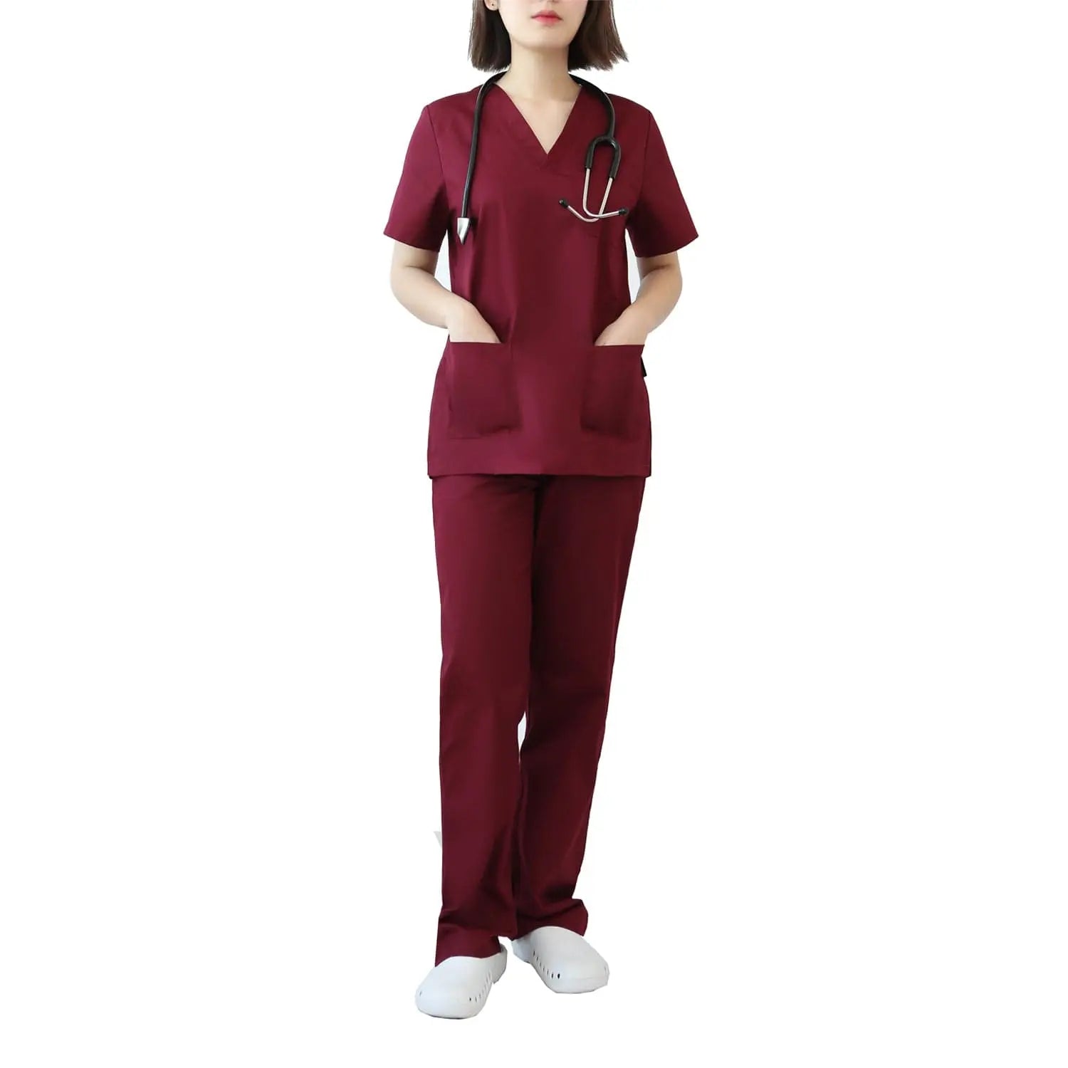 Showlu Women's modern hospital nurse uniform scrub set with fashionable design, comfortable fit, nursing tops for breastfeeding.