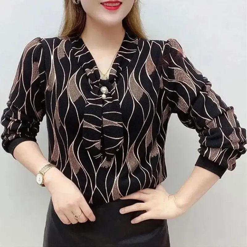 Wave printed V-neck blouse by Showlu Fashion with pearl and diamond decorations, stylish bandage design for spring and autumn.