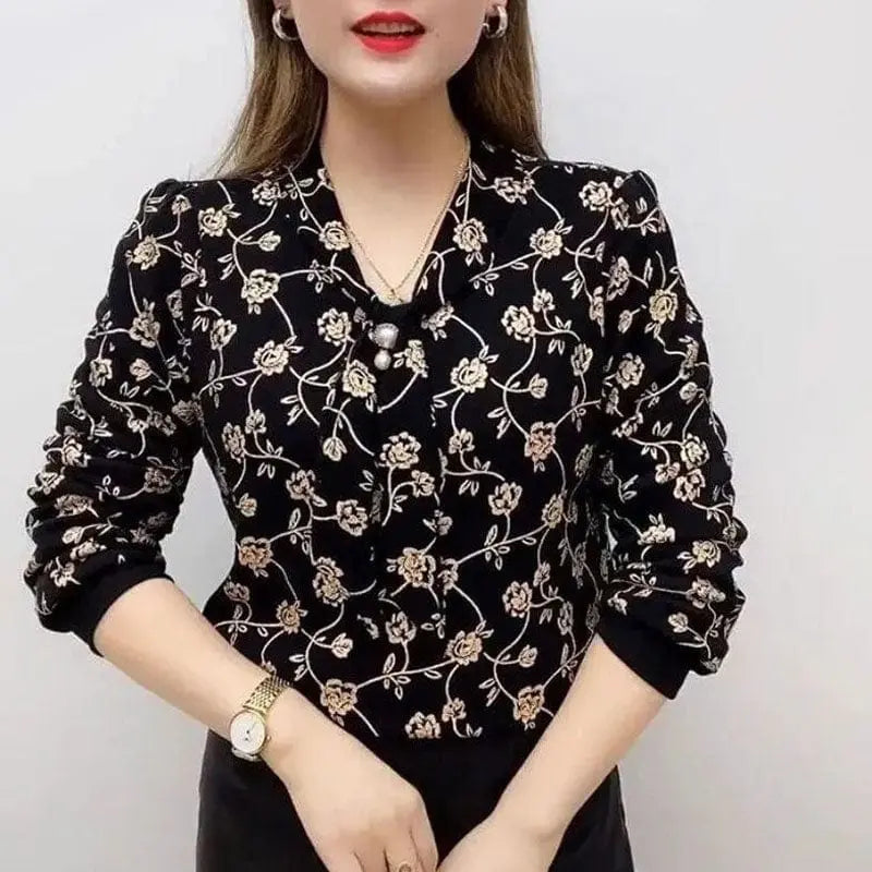 Showlu Fashion Wave Printed V-Neck Blouse with pearl and diamond accents, stylish bandage design, perfect for spring and autumn wear.