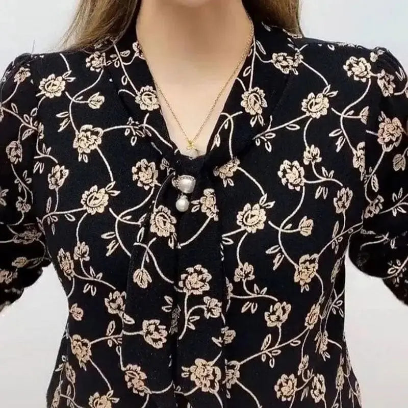 Wave printed V-neck blouse by Showlu Fashion with pearl and diamond embellishments, stylish spring and autumn women's top.