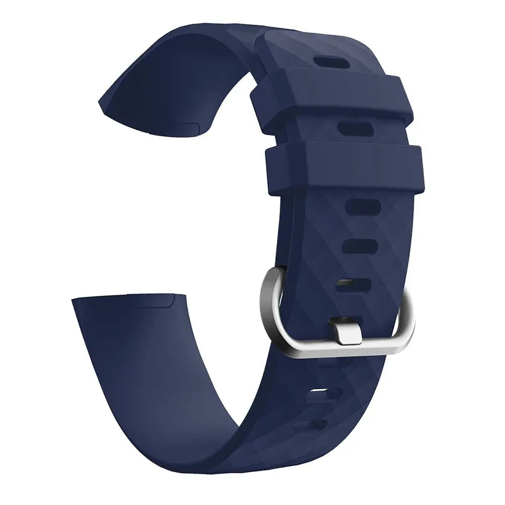 Silicone replacement wrist band strap for Fitbit Charge 3 Frontier in large and small sizes, shown in black with textured design.