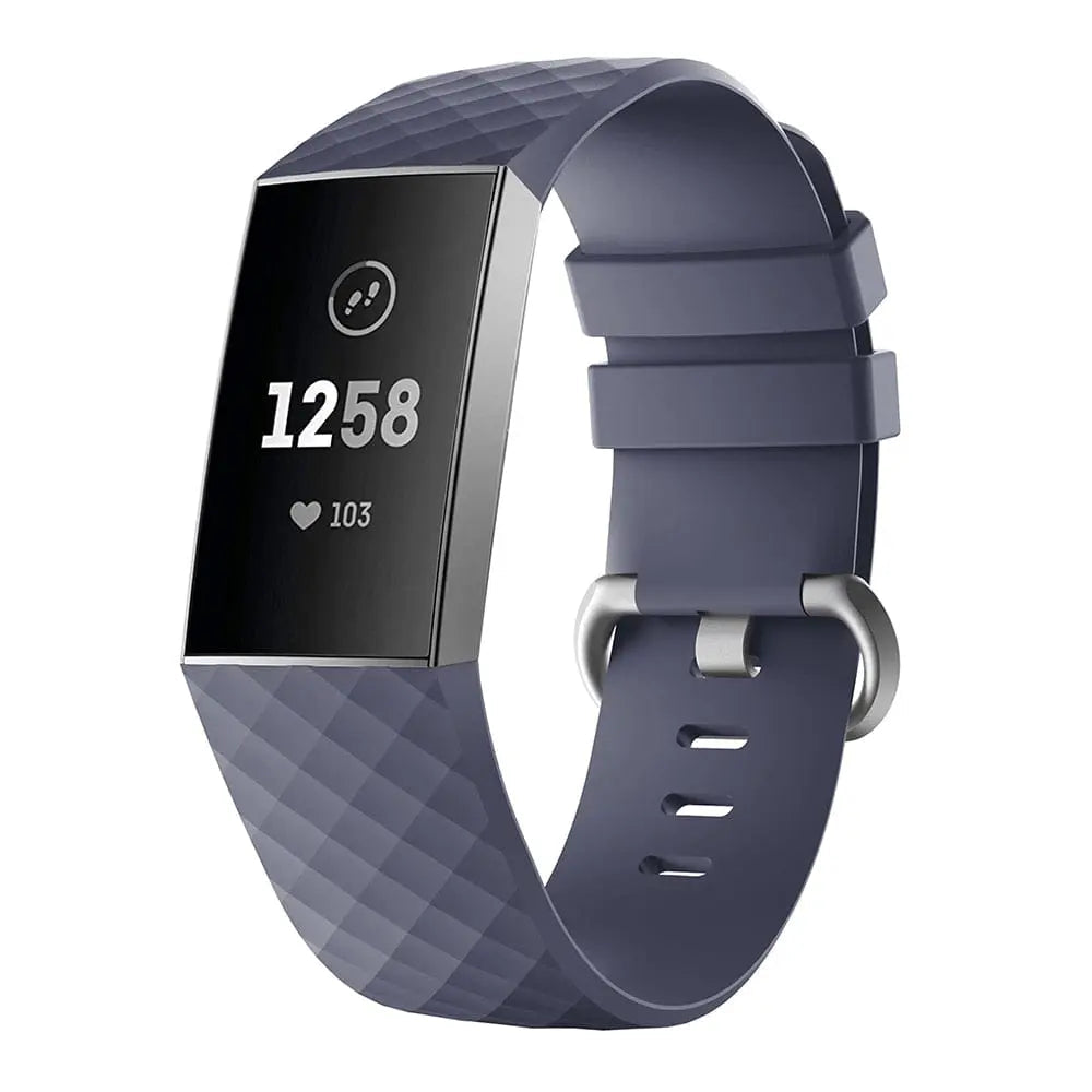 Fitbit Charge 3 Frontier silicone replacement wrist band strap in large and small sizes, shown in black with secure buckle.