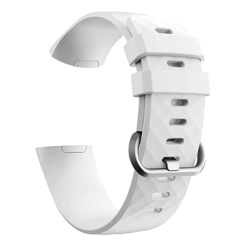 Fitbit Charge 3 Frontier silicone replacement wrist band strap in large and small sizes, shown in black with adjustable buckle.