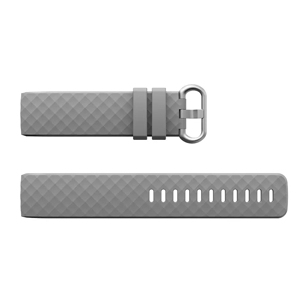 Silicone replacement wrist strap for Fitbit Charge 3 Frontier in large and small sizes, black strap with textured finish.