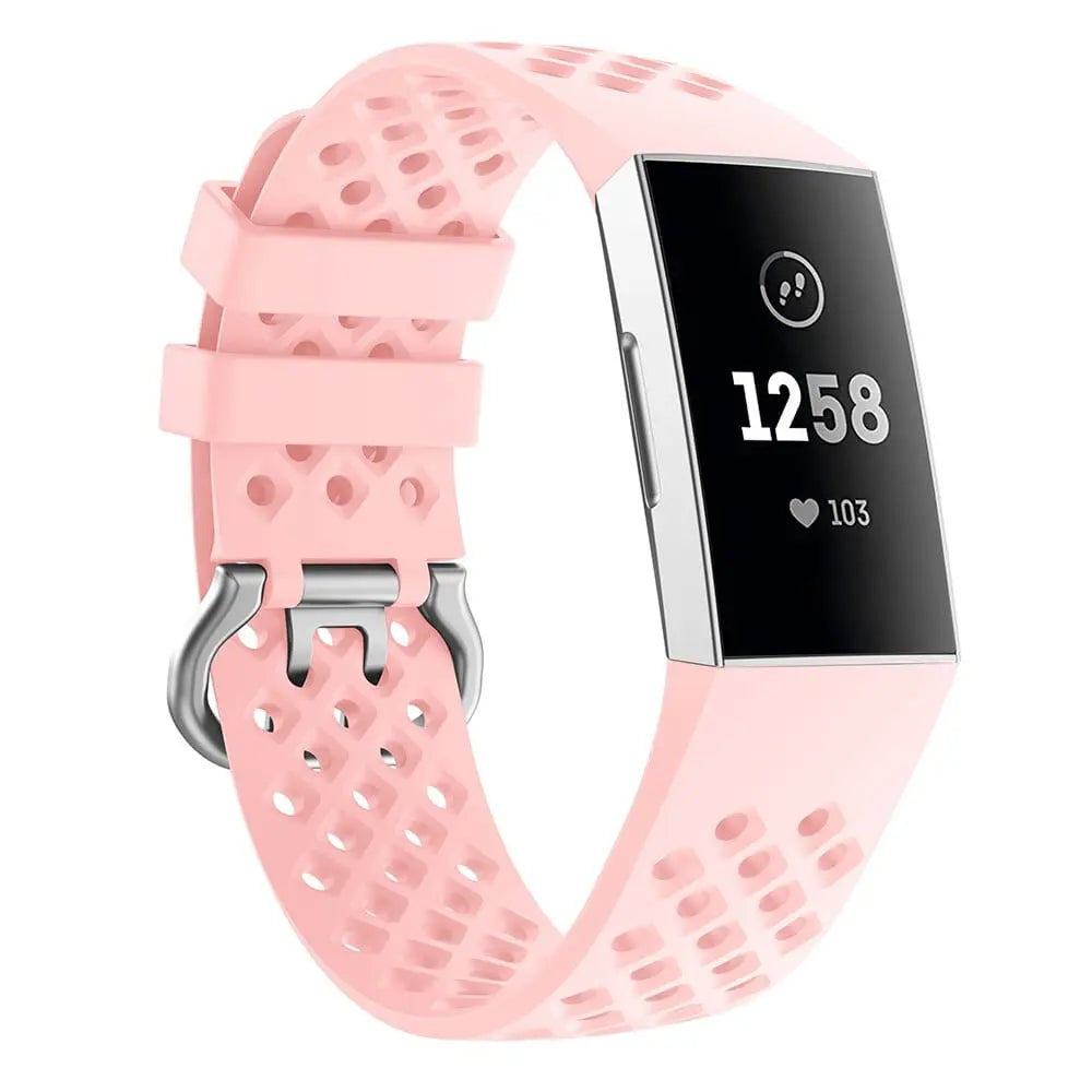 Breathable silicone replacement wrist strap for Fitbit Charge 3 Frontier, shown in black with Showlu Fashion Store branding.