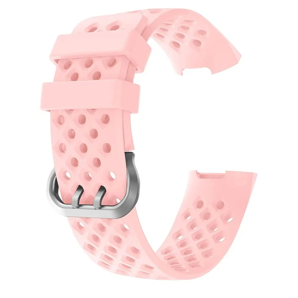Breathable silicone replacement wrist strap for Fitbit Charge 3 Frontier, shown in black with adjustable buckle.