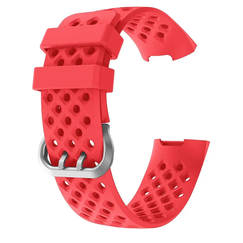 Breathable silicone replacement wrist strap for Fitbit Charge 3 Frontier smartwatch, shown in black with adjustable design.