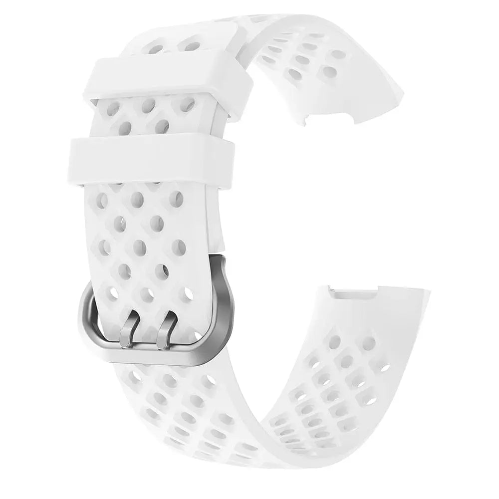 Silicone breathable replacement wrist strap for Fitbit Charge 3 Frontier, shown in black with textured surface.