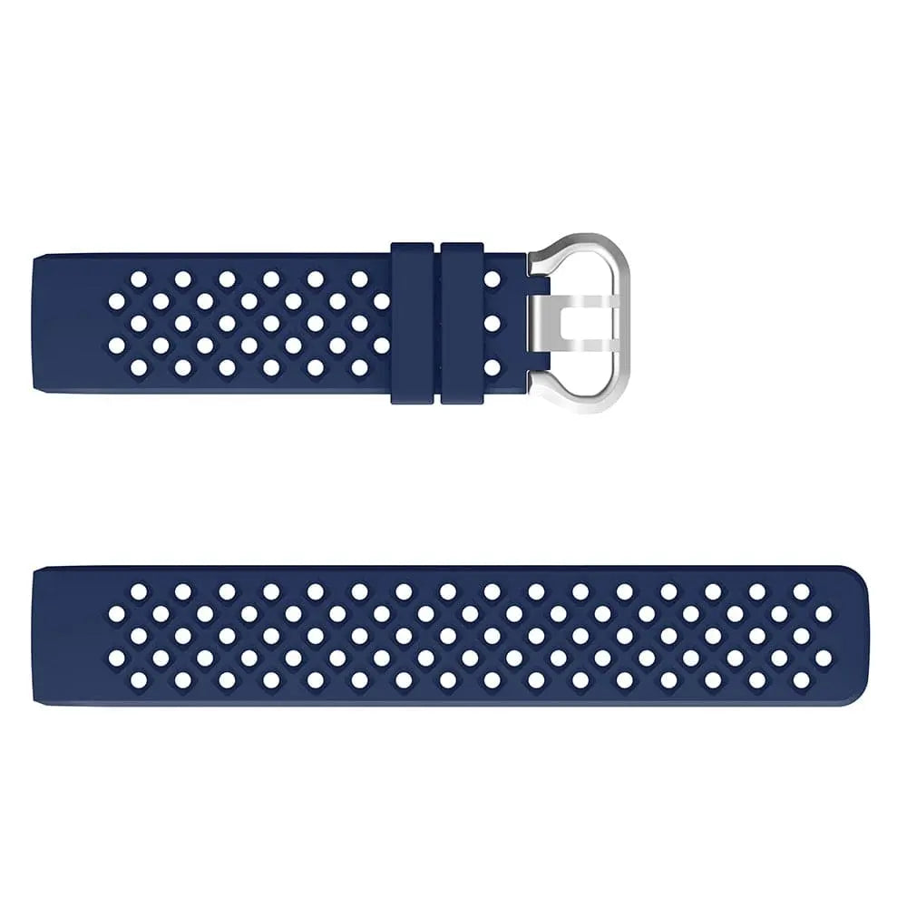 Breathable silicone replacement wrist strap for Fitbit Charge 3 Frontier, shown in black with adjustable buckle.