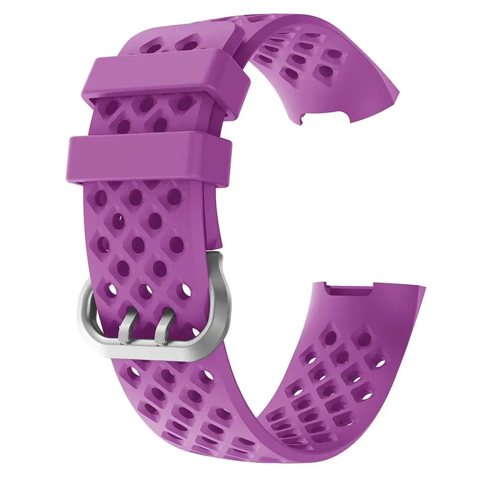 Breathable silicone replacement wrist strap for Fitbit Charge 3 Frontier, shown in black with adjustable strap and Showlu Fashion branding.