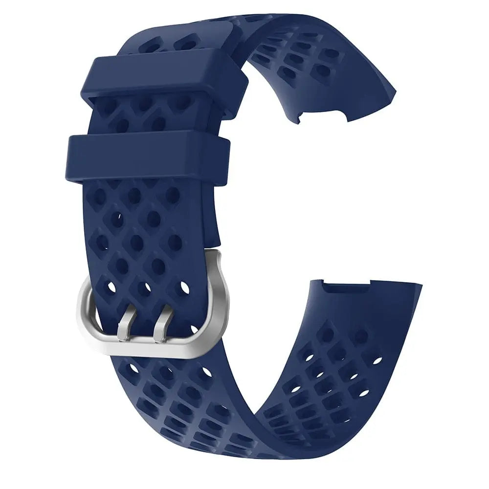 Breathable silicone replacement wrist strap for Fitbit Charge 3 Frontier, shown in black with adjustable strap and secure fastening.