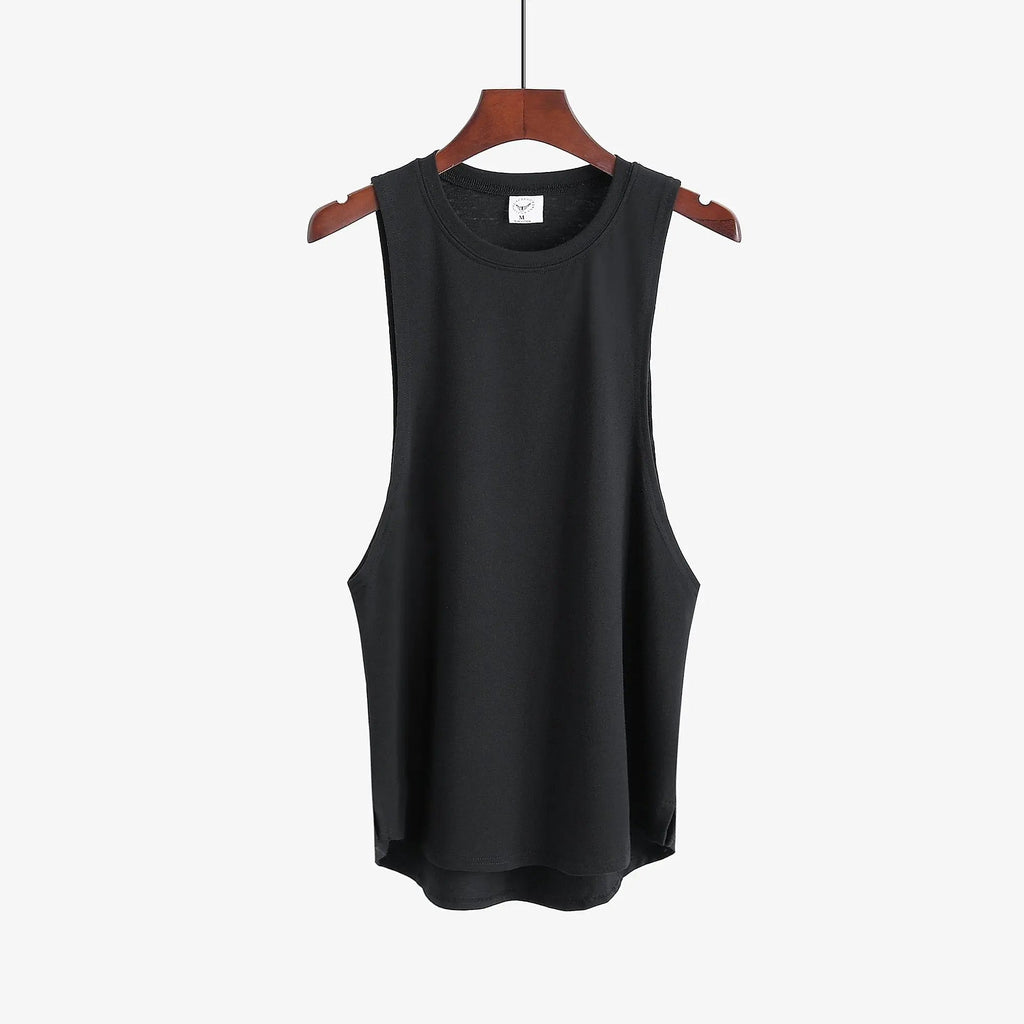 Mens cotton gym stringer tank top by Showlu Fashion Store, sleeveless bodybuilding vest, ideal for workout and fitness training.