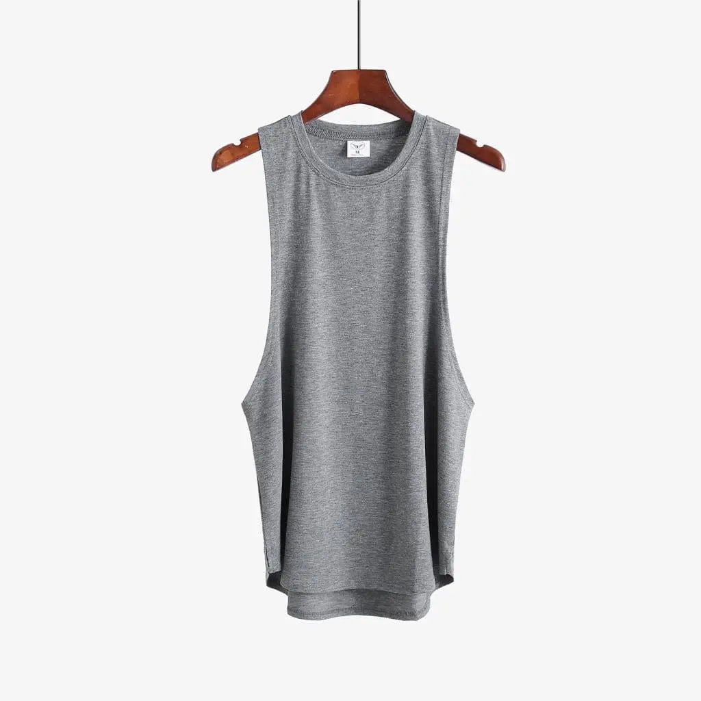 Men's cotton gym stringer tank top by Showlu Fashion, sleeveless bodybuilding vest with a fitted design, suitable for workout and sport wear.