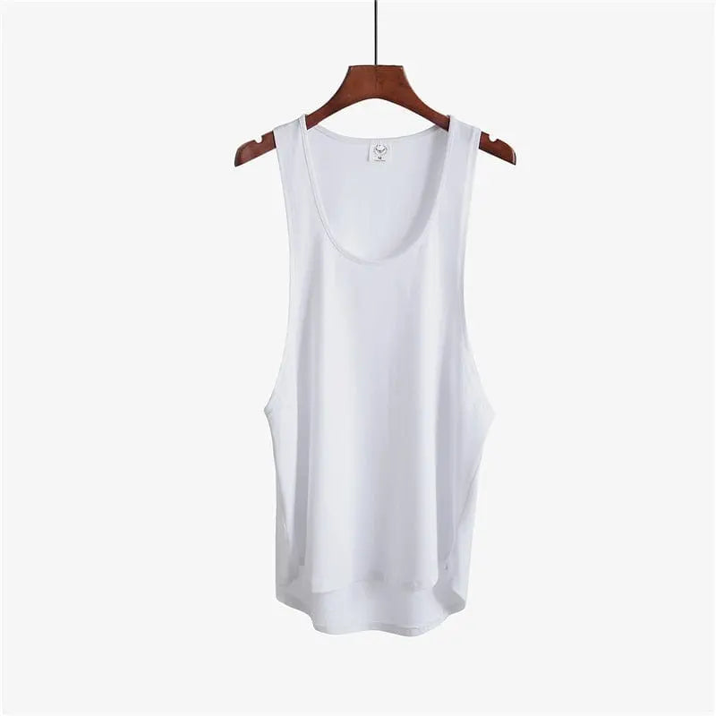 Mens cotton gym stringer tank top by Showlu Fashion Store, sleeveless bodybuilding vest, ideal for workout and fitness training.