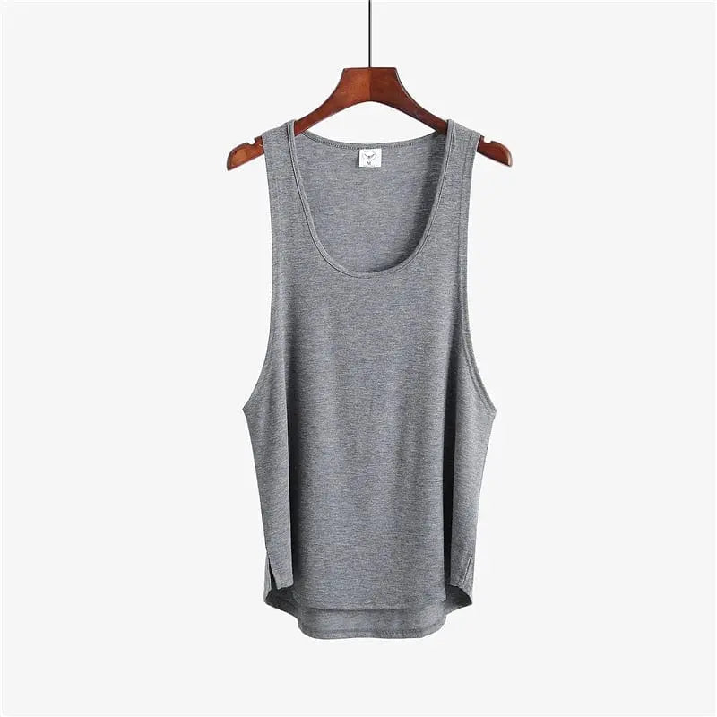 Showlu Fashion Men's cotton gym stringer tank top, sleeveless bodybuilding vest with a fitted design for men’s activewear.